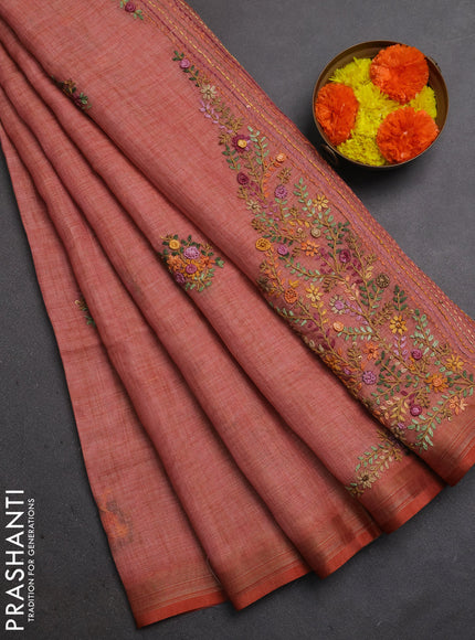 Linen Cotton Saree dark peach with embroidery buttas and embroidery pallu