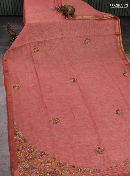Linen Cotton Saree dark peach with embroidery buttas and embroidery pallu