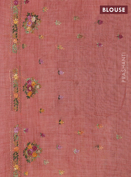 Linen Cotton Saree dark peach with embroidery buttas and embroidery pallu