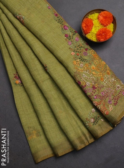 Linen Cotton Saree light green with embroidery buttas and embroidery pallu