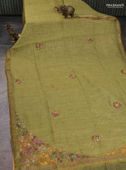 Linen Cotton Saree light green with embroidery buttas and embroidery pallu