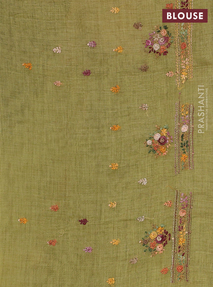 Linen Cotton Saree light green with embroidery buttas and embroidery pallu