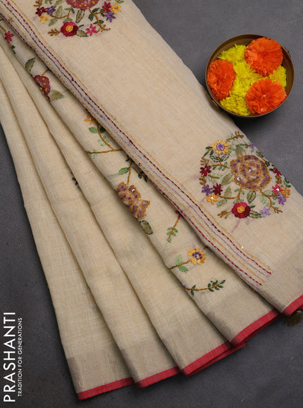 Linen Cotton Saree cream and maroon with embroidery buttas and embroidery pallu