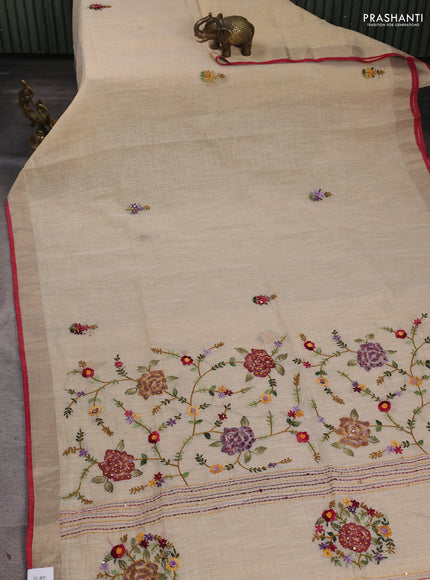 Linen Cotton Saree cream and maroon with embroidery buttas and embroidery pallu