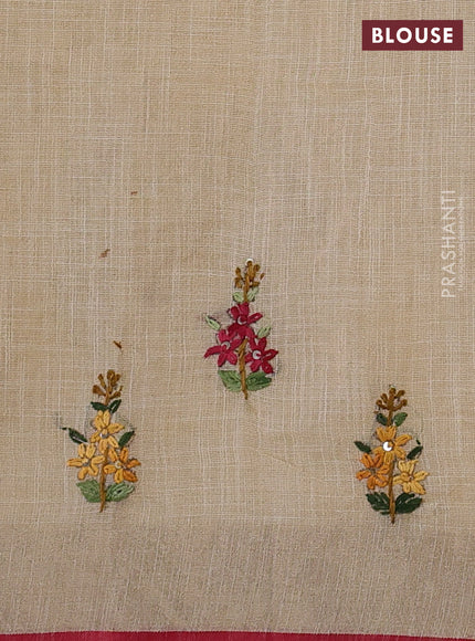 Linen Cotton Saree cream and maroon with embroidery buttas and embroidery pallu