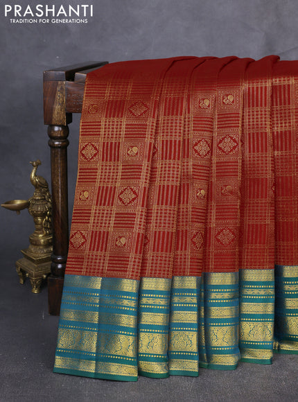 Pure kanchipuram Silk Saree red and green with allover zari woven brocade weaves and rich zari woven border