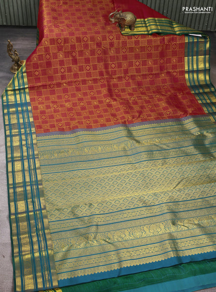 Pure kanchipuram Silk Saree red and green with allover zari woven brocade weaves and rich zari woven border