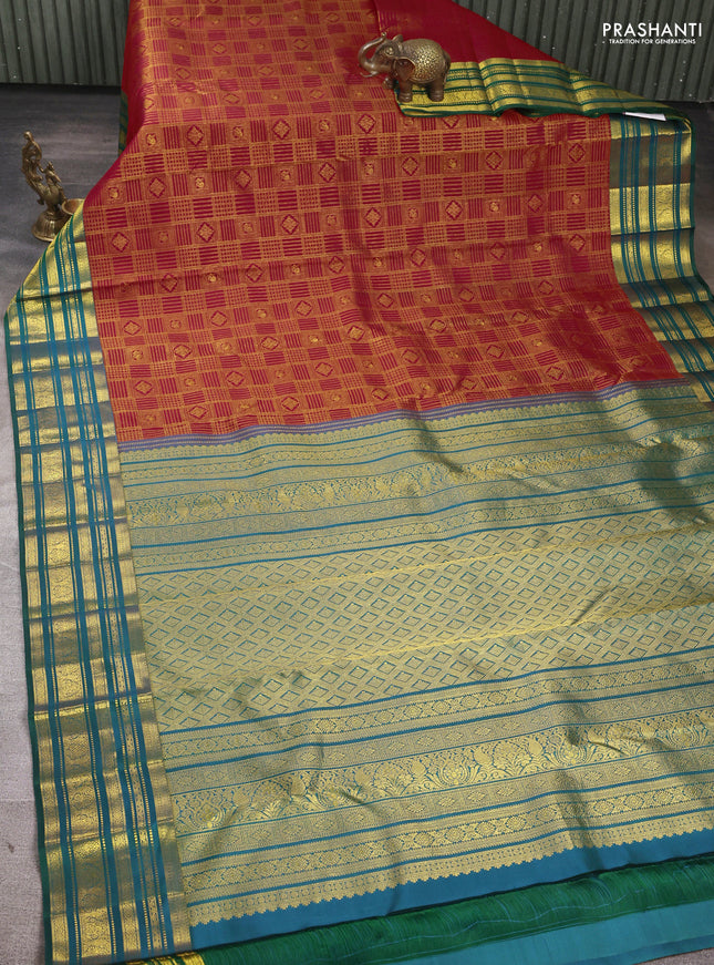 Pure kanchipuram Silk Saree red and green with allover zari woven brocade weaves and rich zari woven border