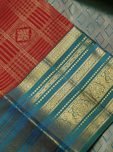 Pure kanchipuram Silk Saree red and green with allover zari woven brocade weaves and rich zari woven border