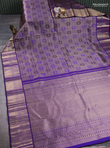 Pure kanchipuram Silk Saree violet with allover zari woven brocade weaves and rich zari woven border