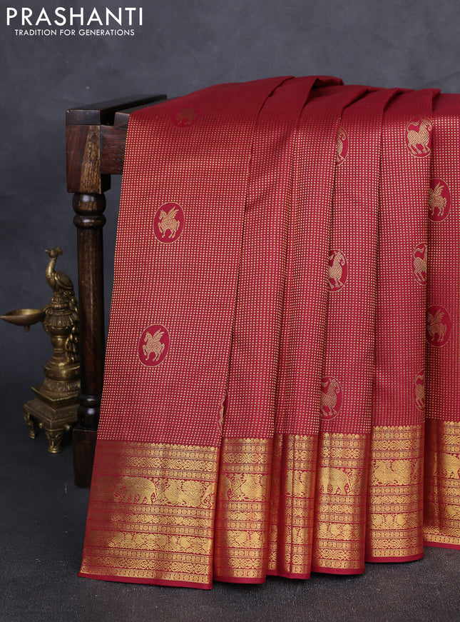 Pure kanchipuram Silk Saree maroon with allover zari woven brocade weaves and rich zari woven border