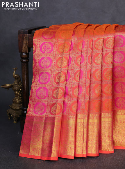 Pure kanchipuram Silk Saree orange with allover zari woven brocade weaves and rich zari woven border