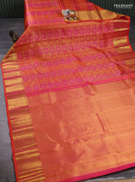 Pure kanchipuram Silk Saree orange with allover zari woven brocade weaves and rich zari woven border