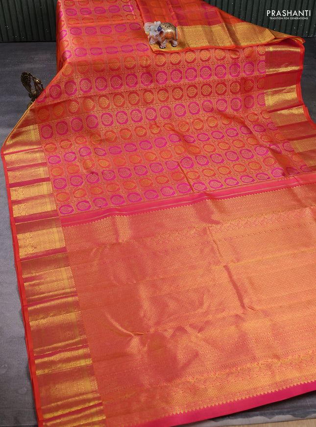 Pure kanchipuram Silk Saree orange with allover zari woven brocade weaves and rich zari woven border