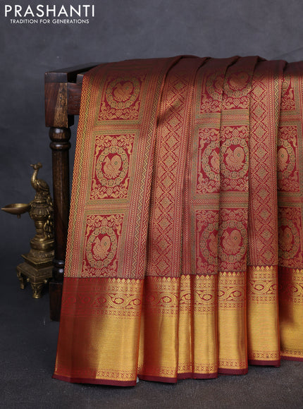 Pure kanchipuram Silk Saree maroon with allover zari woven brocade weaves and rich zari woven border