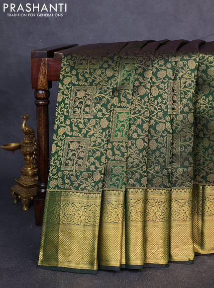 Pure kanchipuram Silk Saree bottle green with allover zari woven brocade weaves and rich zari woven border