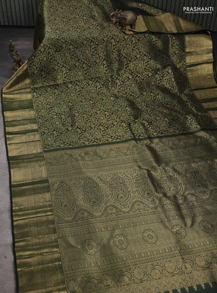 Pure kanchipuram Silk Saree bottle green with allover zari woven brocade weaves and rich zari woven border