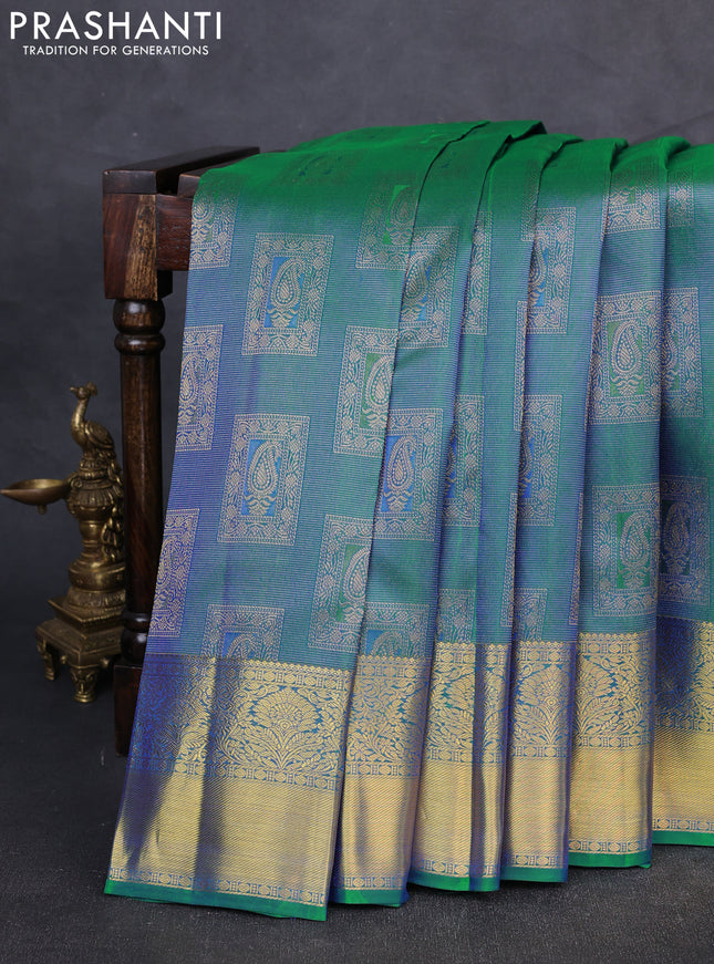 Pure kanchipuram Silk Saree dual tone bluish green with allover zari woven brocade weaves and rich zari woven border
