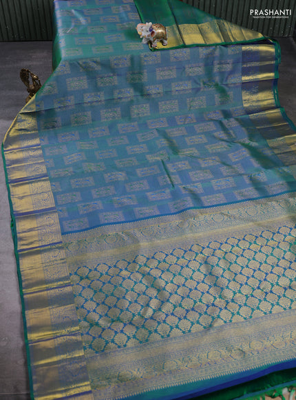 Pure kanchipuram Silk Saree dual tone bluish green with allover zari woven brocade weaves and rich zari woven border