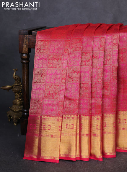 Pure kanchipuram Silk Saree pink with allover zari woven brocade weaves and rich zari woven border