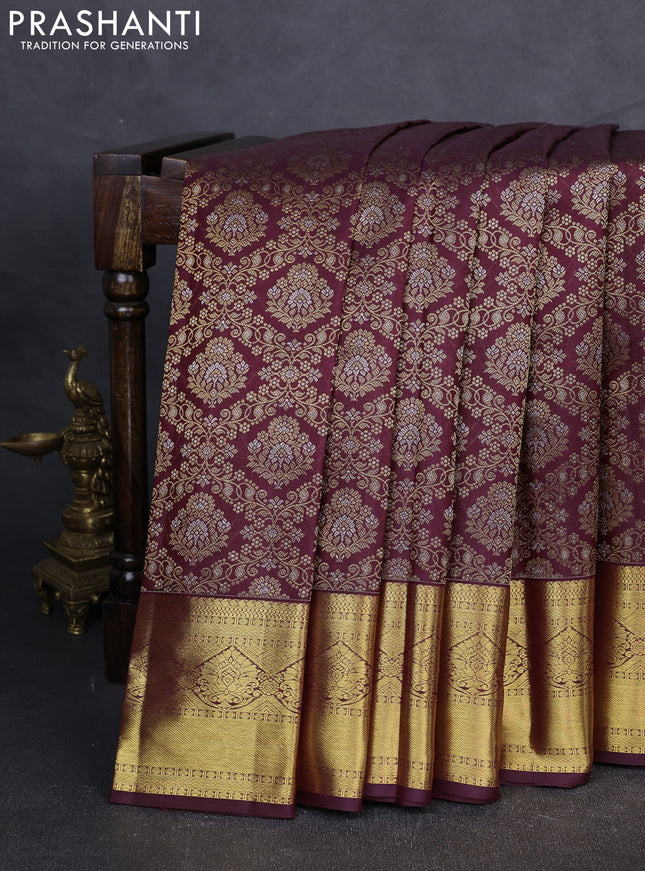 Pure kanchipuram Silk Saree deep maroon with allover zari woven brocade weaves and rich zari woven border