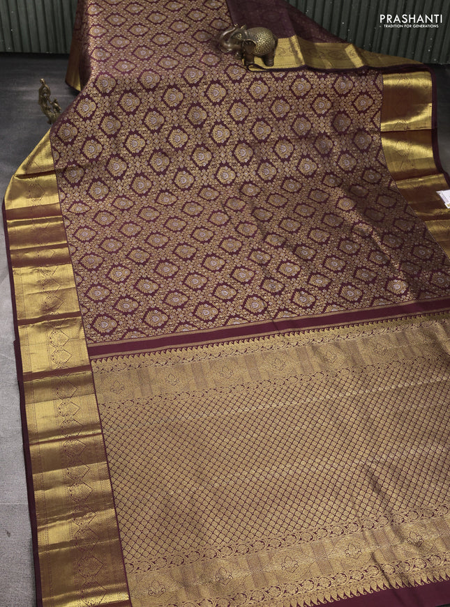 Pure kanchipuram Silk Saree deep maroon with allover zari woven brocade weaves and rich zari woven border
