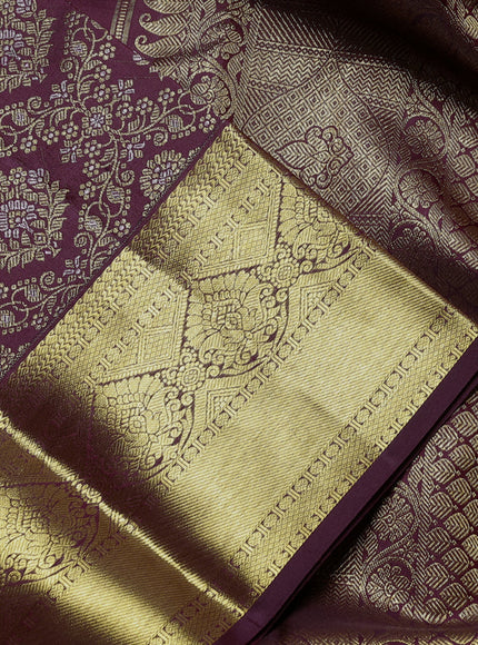 Pure kanchipuram Silk Saree deep maroon with allover zari woven brocade weaves and rich zari woven border