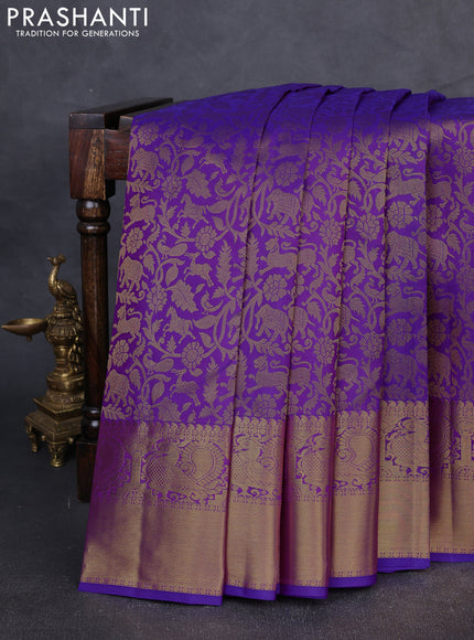 Pure kanchipuram Silk Saree purple with allover zari woven brocade weaves and rich annam zari woven border