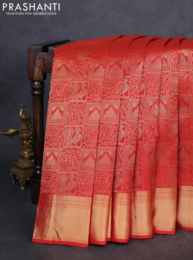 Pure kanchipuram Silk Saree rust shade with allover zari woven brocade weaves and rich zari woven border
