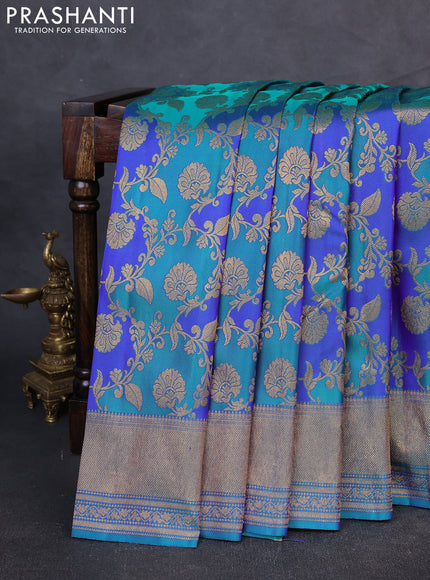 Pure kanchipuram Silk Saree teal green and dual tone blue with allover zari woven rangkat weaves and rich zari woven border