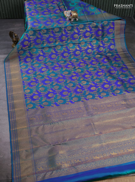 Pure kanchipuram Silk Saree teal green and dual tone blue with allover zari woven rangkat weaves and rich zari woven border