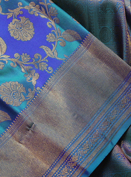 Pure kanchipuram Silk Saree teal green and dual tone blue with allover zari woven rangkat weaves and rich zari woven border