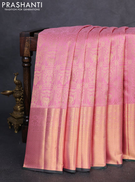 Pure kanchipuram Silk Saree peach and green with allover zari woven brocade weaves and rich zari woven border