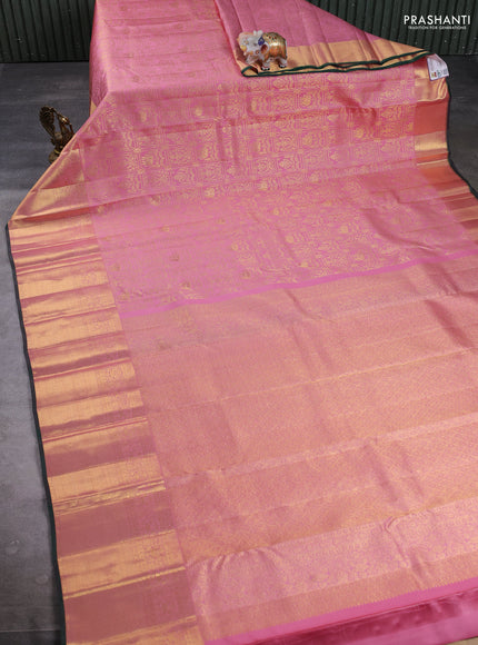 Pure kanchipuram Silk Saree peach and green with allover zari woven brocade weaves and rich zari woven border