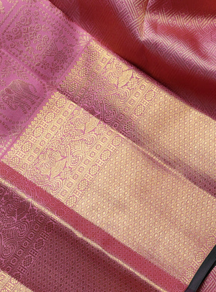 Pure kanchipuram Silk Saree peach and green with allover zari woven brocade weaves and rich zari woven border