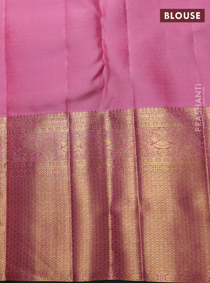 Pure kanchipuram Silk Saree peach and green with allover zari woven brocade weaves and rich zari woven border