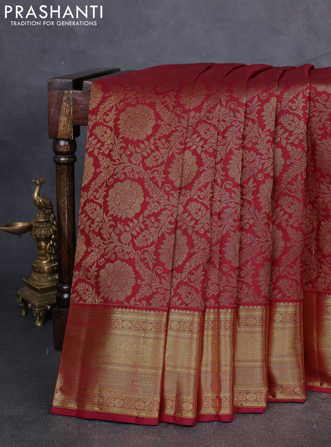 Pure kanchipuram Silk Saree maroon with allover zari woven brocade weaves and rich zari woven border