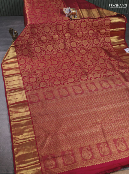 Pure kanchipuram Silk Saree maroon with allover zari woven brocade weaves and rich zari woven border