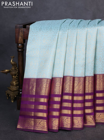 Pure kanchipuram Silk Saree sky blue and purple with allover zari woven brocade weaves and long rich zari woven border