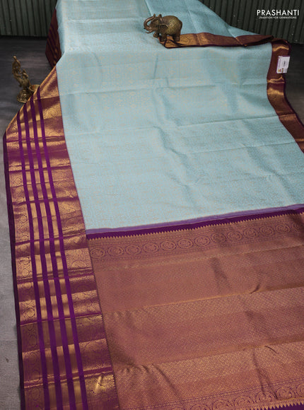 Pure kanchipuram Silk Saree sky blue and purple with allover zari woven brocade weaves and long rich zari woven border