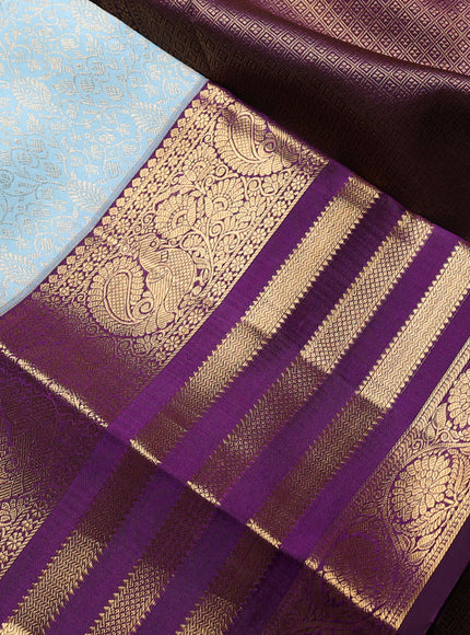 Pure kanchipuram Silk Saree sky blue and purple with allover zari woven brocade weaves and long rich zari woven border