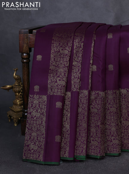 Pure Kanchipuram Silk Saree purple and green with allover zari weaves & buttas and piping border