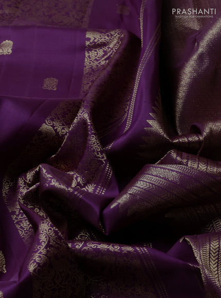 Pure Kanchipuram Silk Saree purple and green with allover zari weaves & buttas and piping border