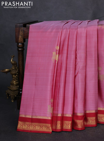 Pure Kanchipuram Silk Saree mauve pink and maroon with zari woven pichwai buttas and rettapet zari woven border