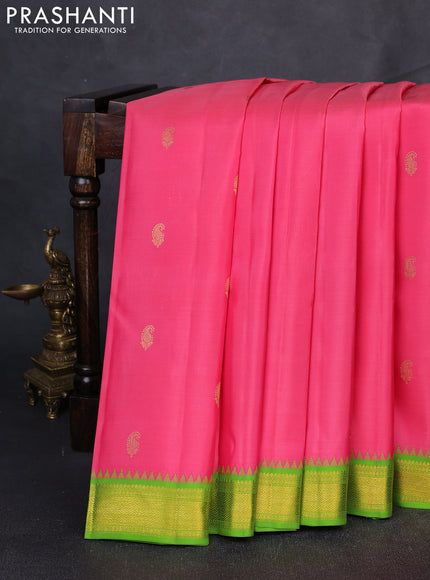 Pure Kanchipuram Silk Saree pink and light green with paisley zari woven buttas and rich zari woven border