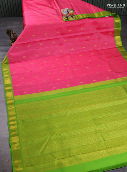 Pure Kanchipuram Silk Saree pink and light green with paisley zari woven buttas and rich zari woven border