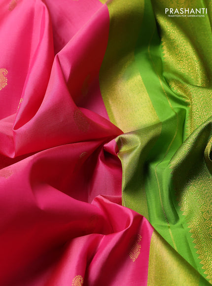 Pure Kanchipuram Silk Saree pink and light green with paisley zari woven buttas and rich zari woven border