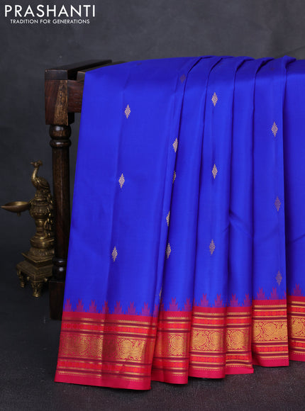 Pure Kanchipuram Silk Saree royal blue and pink with zari woven buttas and temple design zari woven border