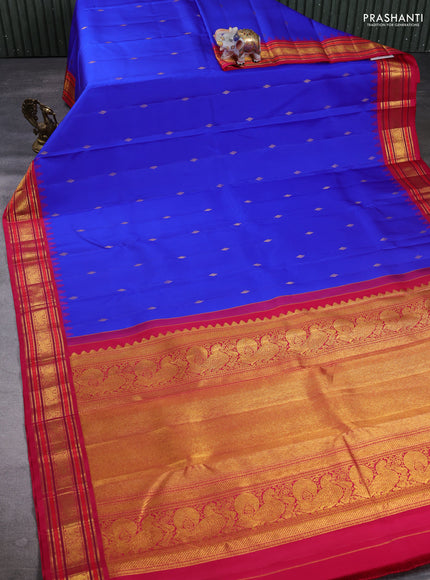 Pure Kanchipuram Silk Saree royal blue and pink with zari woven buttas and temple design zari woven border