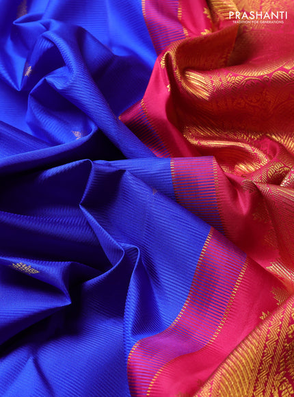 Pure Kanchipuram Silk Saree royal blue and pink with zari woven buttas and temple design zari woven border